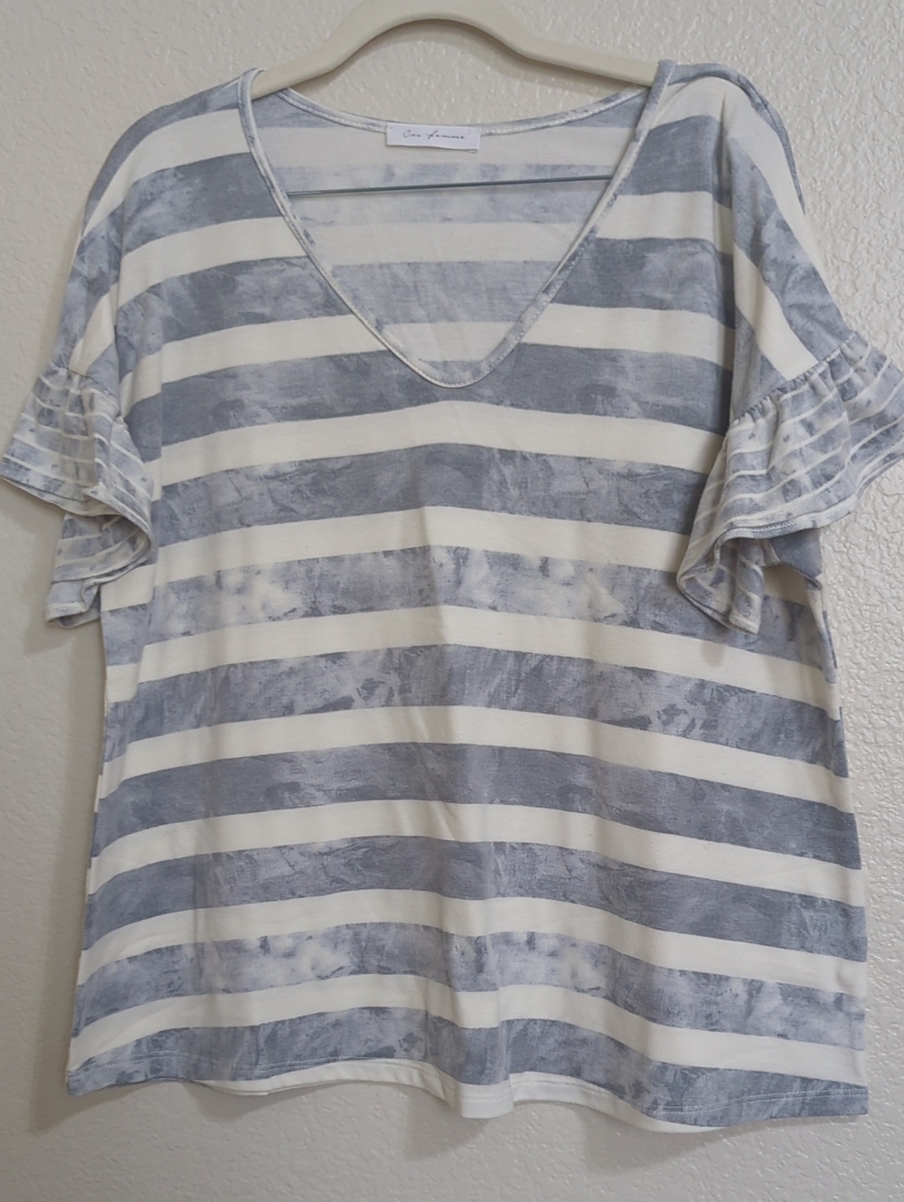 Ces Femme Gray & Cream Striped Ruffle Sleeve V-Neck Top